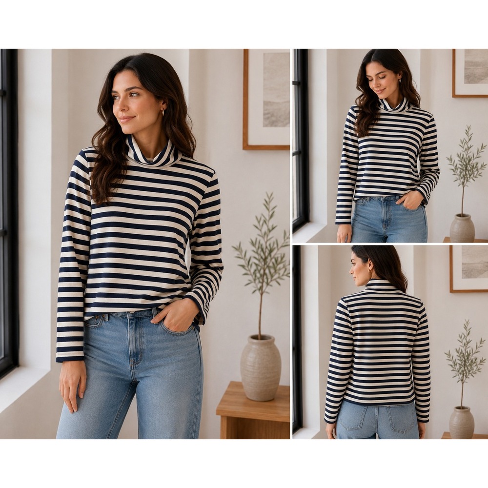 Madewell Wide-Sleeve Turtleneck in Stripe-Block Navy Blue Cream Mock Neck Small